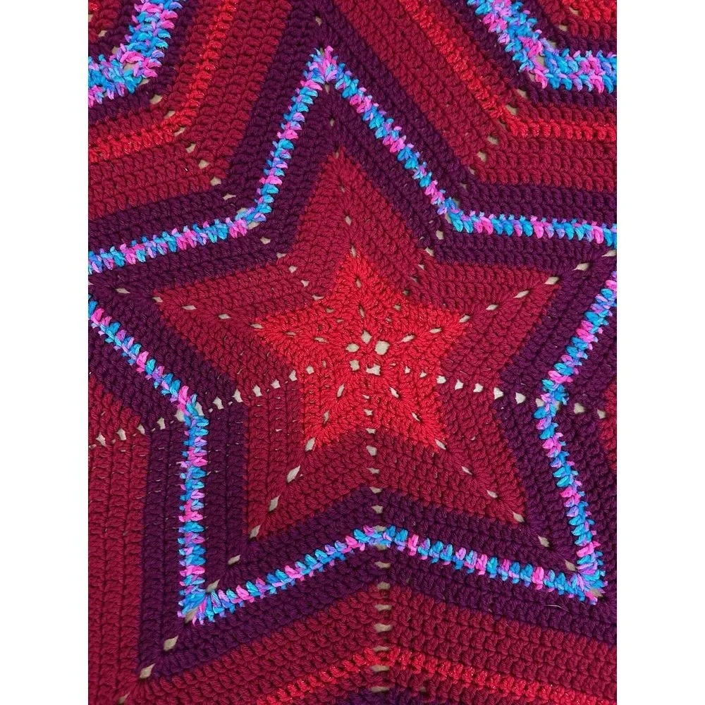Vintage Crochet Knit Star Shape Afghan Throw Blanket Rug Red And‎ Blue Handmade